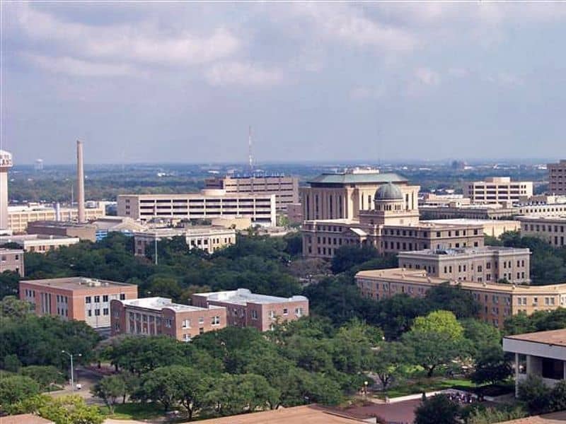 College Station, Texas skyline and university district with surrounding properties and development areas relevant to land surveying and site planning